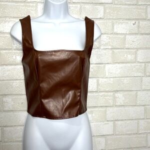 Womens Brown Faux Leather Corset Crop Top Size 4 Biker Goth Rave Indie Steampunk